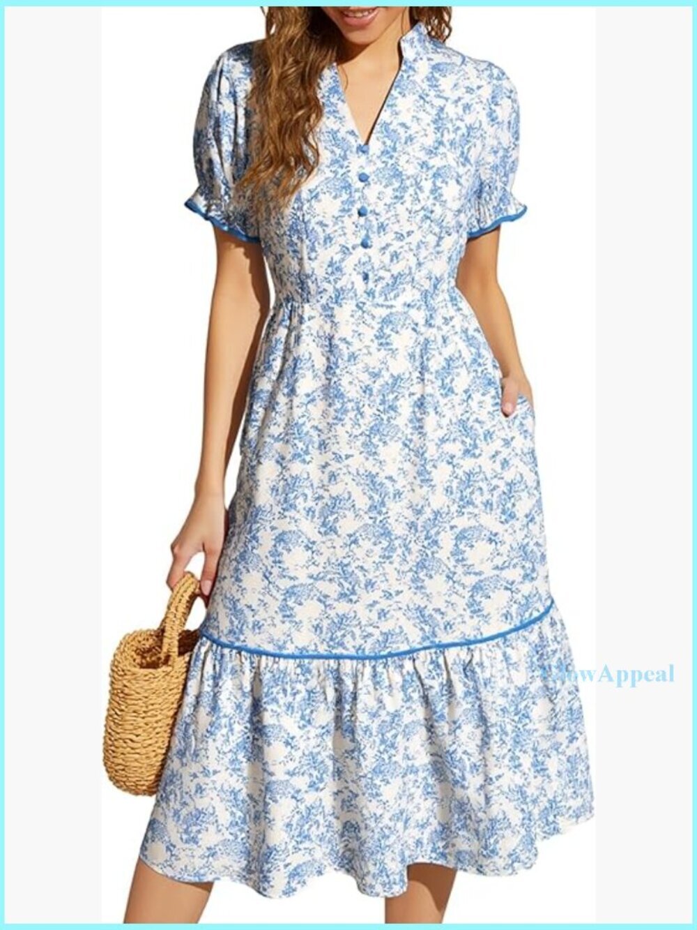 V-Neck Short Sleeve Midi Dress, Tiered Pleated Loose Fit, Summer Casual